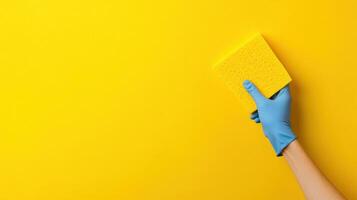 Cleaning Supplies A Vibrant Yellow and Blue Minimalist Composition Featuring a Hand in a Blue Glove Holding a Yellow Cleaning Spon photo