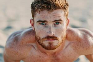 A captivating portrait of a muscular redhead man with freckles, showcasing his strong physique and intense gaze. The image conveys photo