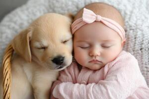Sweet Dreams A Precious Baby and Puppy Sleeping Together. This heartwarming image captures the innocence and tenderness of a peace photo