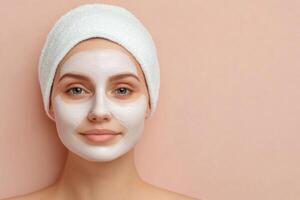 Stunning Woman with a Revitalizing Face Mask, Enjoying a Luxurious Skincare Routine for Radiant and Healthy Skin. Achieve a Glowin photo