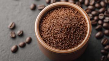 Ground Coffee Aromatic Dark Roast Coffee Beans in a Bowl, View. Perfect for Coffee Lovers and Baristas. Discover the Rich Aroma a photo