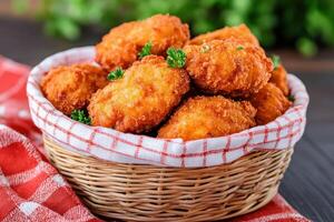 Crispy Fried Chicken Nuggets in a Basket A Tempting Culinary Delight. This mouthwatering dish is perfect as a snack, appetizer, or photo