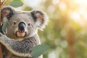 Adorable Koala in Australian Eucalyptus Tree A Portrait of this Endangered Marsupial in its Natural Habitat. Discover the beauty photo