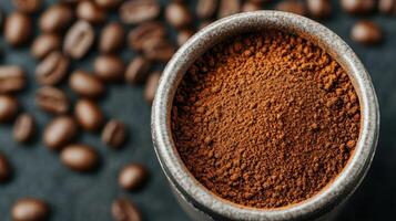 of Aromatic Ground Coffee Beans and Powder A Detailed Look at the Rich, Dark Brown Coffee Texture, Perfect for Brewing a Delicious photo