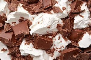 A delectable shot of creamy white frosting generously interspersed with rich dark chocolate pieces. This image is perfect for foo photo
