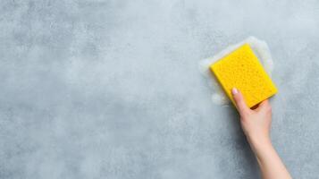 of a hand using a yellow sponge to clean a grey surface. The sponge is creating foam, showcasing a cleaning process. Perfect for c photo