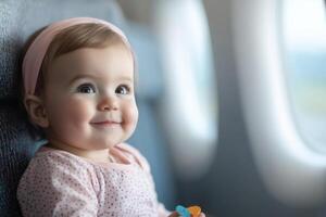 Adorable Baby Girl on Airplane A Sweet and Innocent Travel Moment. This heartwarming image captures the pure joy of a child experi photo