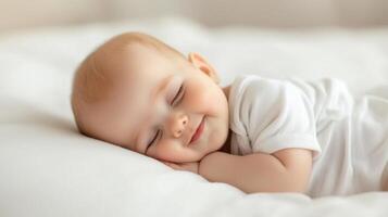 Sweet Baby Sleeping Peacefully Adorable Infant in Soft White Bedding, Enjoying a Calm and Tranquil Rest. A Tender Image of Innocen photo