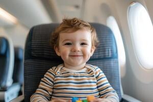 Adorable Baby's First Flight A Joyful Journey in the Airplane Cabin. Happy Toddler Smiles During Air Travel, Experiencing the Wond photo
