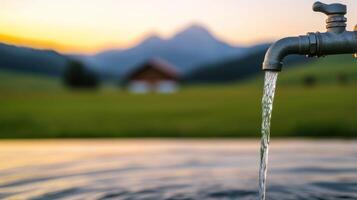 Water Flowing from Faucet in Serene Mountain Landscape at Sunset A Symbol of Nature's Purity and the Importance of Water Conservat photo