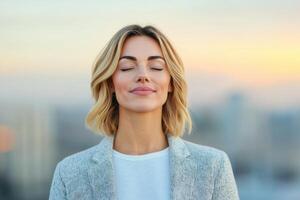 Finding Inner Peace A Serene Woman in the City at Sunset. A mindfulness and meditation image evoking feelings of calm, peace, and photo