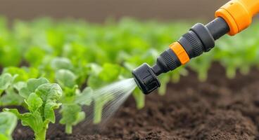 Enhancing Growth A View of Irrigation in a Lush Vegetable Garden. Witness the life giving water nourishing vibrant green plants, photo