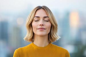 Finding Inner Peace A Serene Woman in the City. This image evokes a sense of calm and tranquility, capturing a moment of mindfulne photo