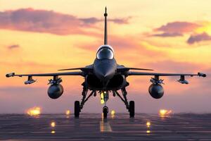 Majestic Fighter Jet on Runway at Sunset A breathtaking view of a powerful military aircraft prepared for takeoff, showcasing its photo