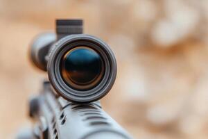 High Precision Rifle Scope A Detailed View of a Hunting Rifle's Advanced Optical Sight, Showcasing its Exceptional Clarity and Pr photo