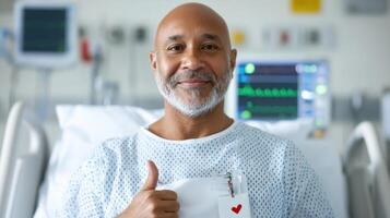A Portrait of Hope A Smiling Patient in Hospital Shows Thumbs Up, Expressing Positivity and Encouragement During His Healthcare Jo photo