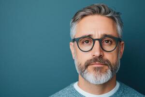 Portrait of a Confident Man with Gray Hair and Beard, Wearing Glasses. A Thoughtful and Pensive Expression on His Face. Studio Sh photo