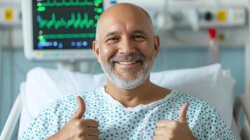 Smiling Hospital Patient Gives Thumbs Up A Symbol of Hope and Positive Recovery in Healthcare. A heartwarming image showcasing th photo
