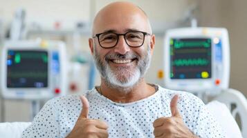 A Happy Patient Recovering in the Hospital Positive Healthcare and Medical Treatment Image. A smiling man gives thumbs up, showca photo