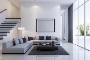 Modern Interior Design Grey Sofa and Open Floor Plan Living Room with Luxury Decor and Bright Lighting. A Stylish and Comfortable photo