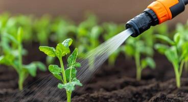 Water Sprinkler Irrigating Young Plants Promoting Growth and Sustainability in Agriculture. The image showcases the nurturing proc photo