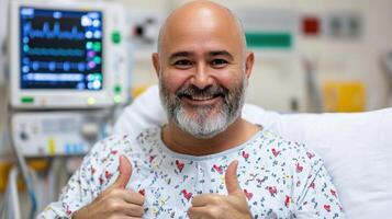 A smiling male patient in a hospital gown gives two thumbs up, conveying a positive and optimistic attitude towards his healthcare photo