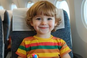 A Happy Toddler on an Airplane Adorable Child Enjoying a Flight, Smiling and Playing. A perfect image for travel blogs, family mag photo