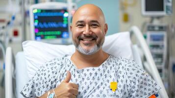 Smiling Patient in Hospital Bed Giving Thumbs Up A Symbol of Hope and Recovery in Healthcare. Positive Attitude, Medical Treatment photo