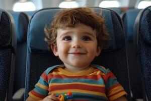 Adorable Toddler Enjoying Airplane Travel A Happy Child on a Flight, Sitting in Airplane Seat, Smiling and Playing with Toy. Captu photo