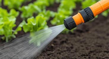 Vibrant Green Lettuce Plants Being Watered in a Lush Garden. A View of a Hose Gently Sprinkling Water, Promoting Growth and Ensur photo
