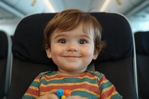 Adorable Toddler Smiles During Airplane Flight A Captivating Moment of Childlike Joy and Travel Adventure photo
