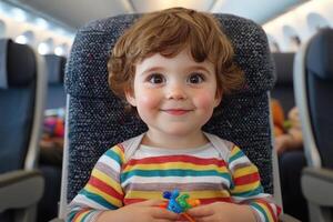 Adorable Toddler on Airplane A Sweet Journey. This heartwarming image captures a happy child enjoying an airplane ride, showcasing photo