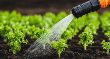 Vibrant Green Lettuce Plants Being Watered in a Lush Garden. A View of a Sprinkler System Gently Watering Rows of Young Lettuce P photo