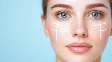 portrait of a young woman's face, showcasing healthy, glowing skin. The image highlights beauty, cosmetics, and skincare, emphasiz photo