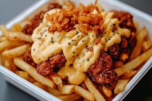 Crispy Fried Chicken and Fries with Cheesy Sauce A Delicious Comfort Food Experience. This mouthwatering dish features golden frie photo