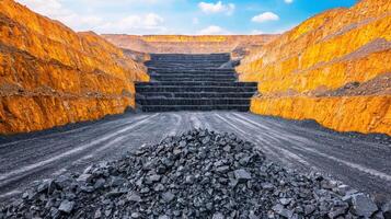 Open Pit Mining Quarry A Visual Exploration of Industrial Excavation and Resource Extraction. The image showcases the massive scal photo
