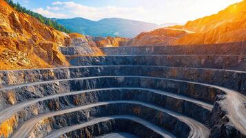 Open Pit Mining Quarry A Breathtaking View of Industrial Excavation and Resource Extraction in a Mountainous Landscape. The image photo