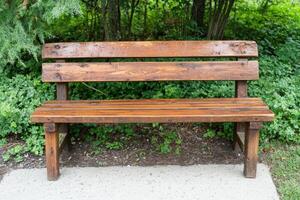Rustic Wooden Park Bench in a Serene Garden Setting A Peaceful Place to Relax and Enjoy Nature's Beauty photo
