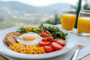 Healthy and Delicious Breakfast Sunny Side Up Egg with Toast, Kale, Tomatoes, and Corn. Enjoy this nutritious meal with a stunning photo