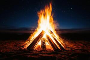 Captivating Bonfire at Night on a Sandy Beach Under a Starlit Sky. A mesmerizing scene of burning wood, glowing embers, and warm f photo