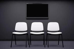 Three white chairs facing a blank screen in a minimalist, modern room. The image features a clean, simple design with a neutral co photo