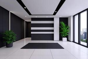 Modern Office Lobby Interior Design A Study in Black and White. Clean lines, elegant style, and city views create a sophisticated photo
