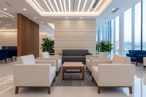 Modern Office Lobby Interior Design Elegant and Comfortable Waiting Area with City View. Contemporary architecture, stylish furni photo