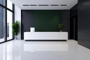 Modern Office Reception Desk Design Clean Lines, Sophisticated Style. A sleek and stylish reception area with a minimalist design photo