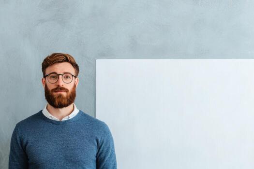 Portrait of a Man with a Red Beard, Wearing Glasses and a Blue Sweater, Standing in Front of a Blank White Board. A Professional a photo