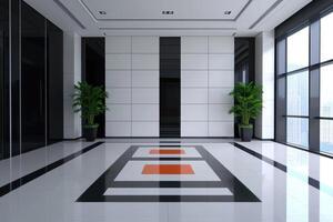 Modern Office Lobby Interior Design Elegant Minimalist Architecture with City Views. Clean lines, stylish decor, and a sophistica photo