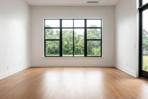 Modern Minimalist House Interior Design Spacious Room with Large Window and Nature View. Bright, Clean, and Elegant Style. New Res photo