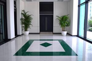 Modern Office Lobby Interior Design Elegant Space with Green and White Marble Floor, Potted Plants, and Large Windows photo