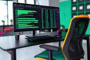 Modern programmer's workspace clean desk, ergonomic chair, large monitor displaying lines of code. A picture of efficiency and te photo