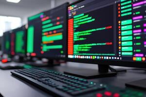 view of multiple computer screens displaying lines of code, showcasing software development, programming, and digital technology. photo
